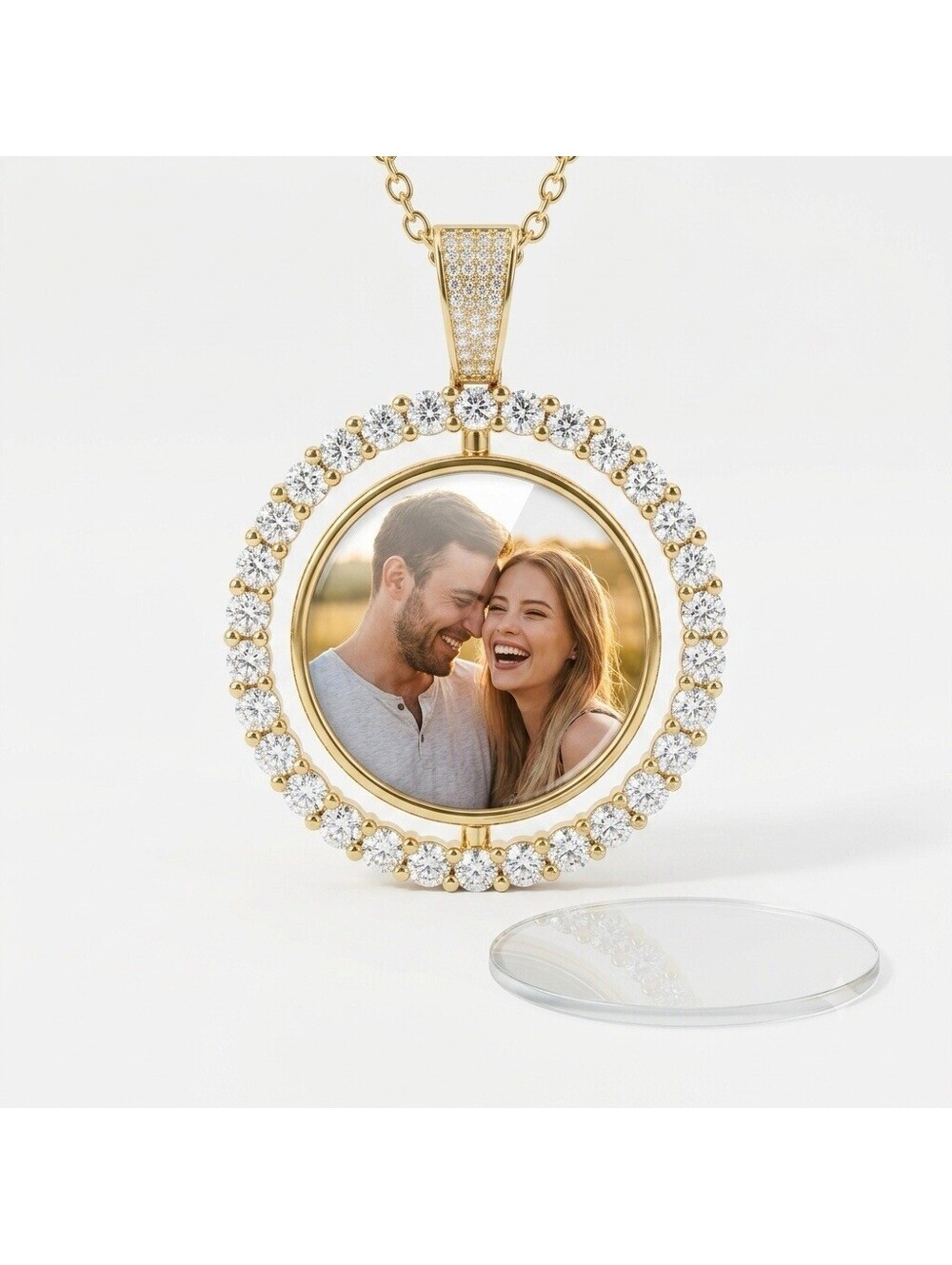 Gold Plated Coin Bezel Pendant Iced Out Rhinestone Medallion with Crystals